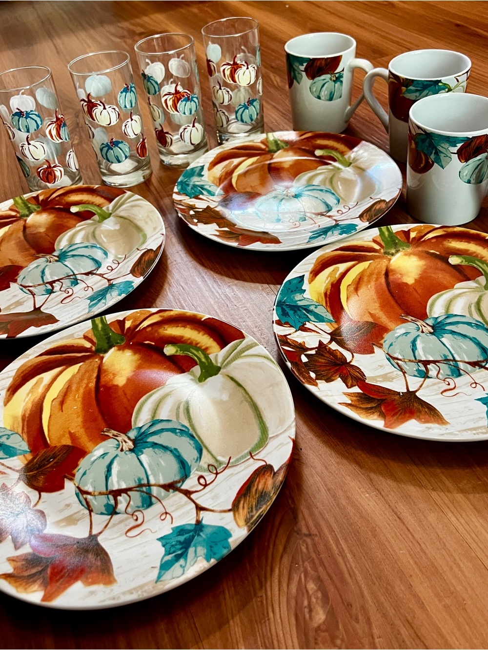 Royal Norfolk Autumn Harvest Dinner Plate / Glasses / Mug Set Rust, Teal, Cream